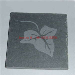 Carved Leaf Black Slate Coaster /Engraved Slate Drink Coaster