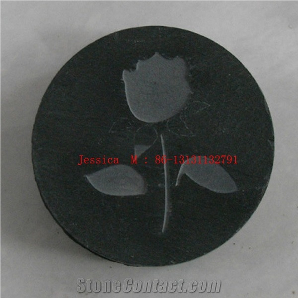 Carved Rose Nature Black Slate Coaster