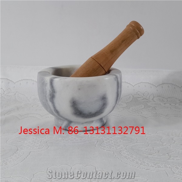 Grey Marble Mortar with Wooden Pestle from China