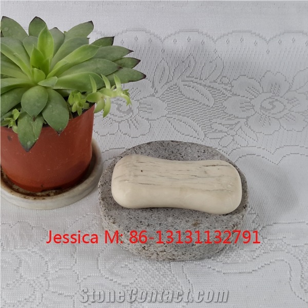 Round Rough Surface Grey Granite Soap Dish