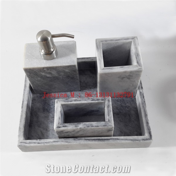 Square Grey Marble Tray /Square Grey Marble Soap Dispenser /Square Grey Marble Toothbrush Holder /Square Grey Marble Tumbler /Square Marble Bathroom Accessory Set