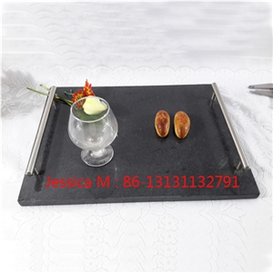 Square Stone Black Granite Tray for Hotel with Stainless Steel Handles