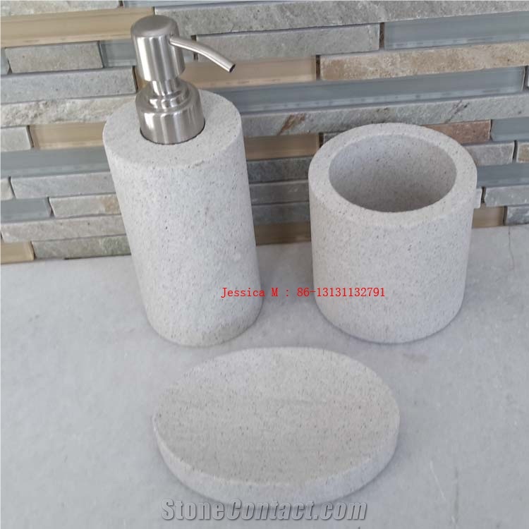 White Sandstone Bathroom Accessory Set /Stone Bathroom Accessrory Set /Sandstone Soap Dispenser ,Sandstone Soap Holder ,Sandstone Toothbrush Holder