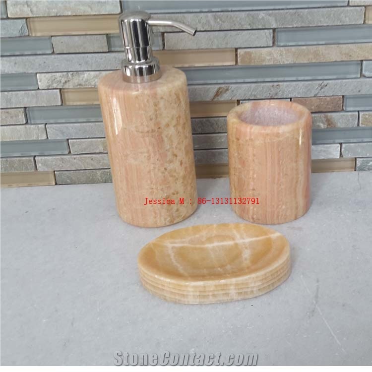 Yellow Marble Bathroom Accessory Set /Marble Tumbler , Marble Soap Dish , Marble Tooth Brush Holder , Marble Soap Dispenser