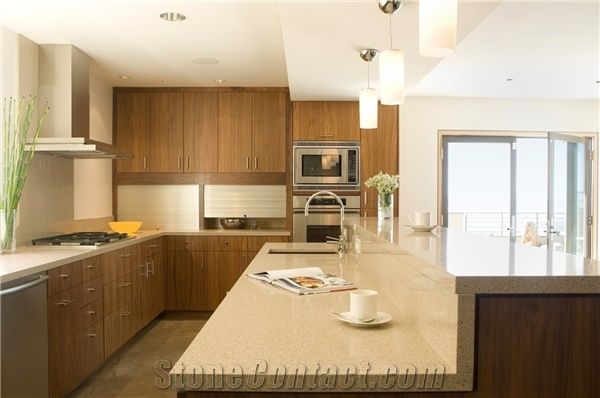 Almond Color Artificial Quartz Kitchen Surfaces Countertops Island