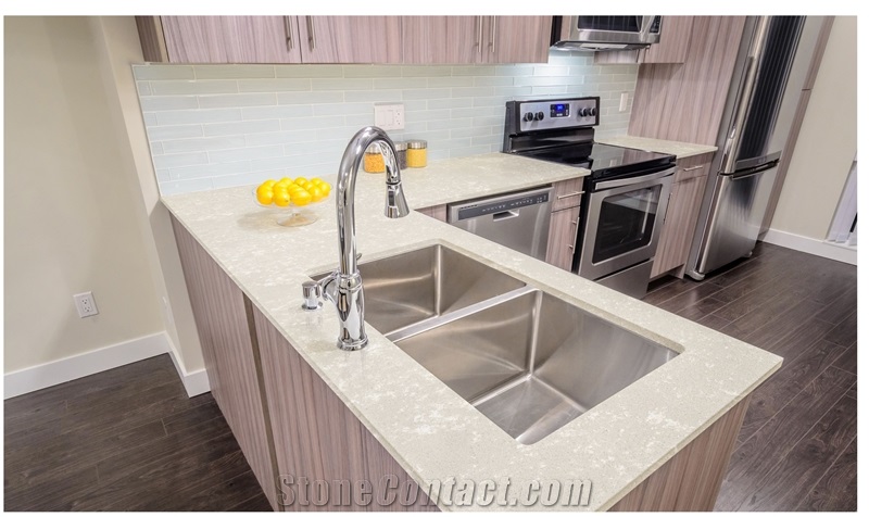 Beige Natural Looking Quartz Kitchen Countertops with Various Edge Profiles from China