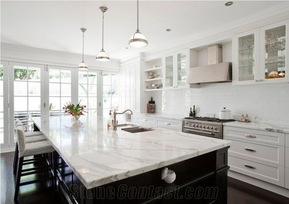 White Natural Marble Like Imitation Quartz Stone Kitchen Countertop Island Top Surfaces Standard Sizes 126 *63 and 118 *55 Inch Customized Edges Available in Cheap Prices