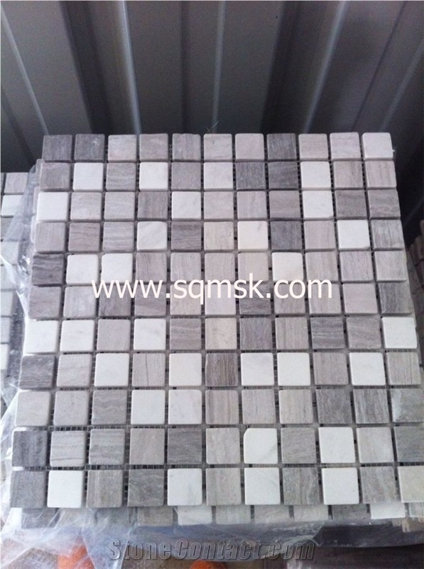 China Stone Mosaic Tile,Guizhou Wooden Grain,White Wood ,China Serpegiante, Light Grey Wood Grain Marble, Wenge Stone, Tumble 25*25mm Mix Volakas White Marble Mosaic for Wall,Bathroom