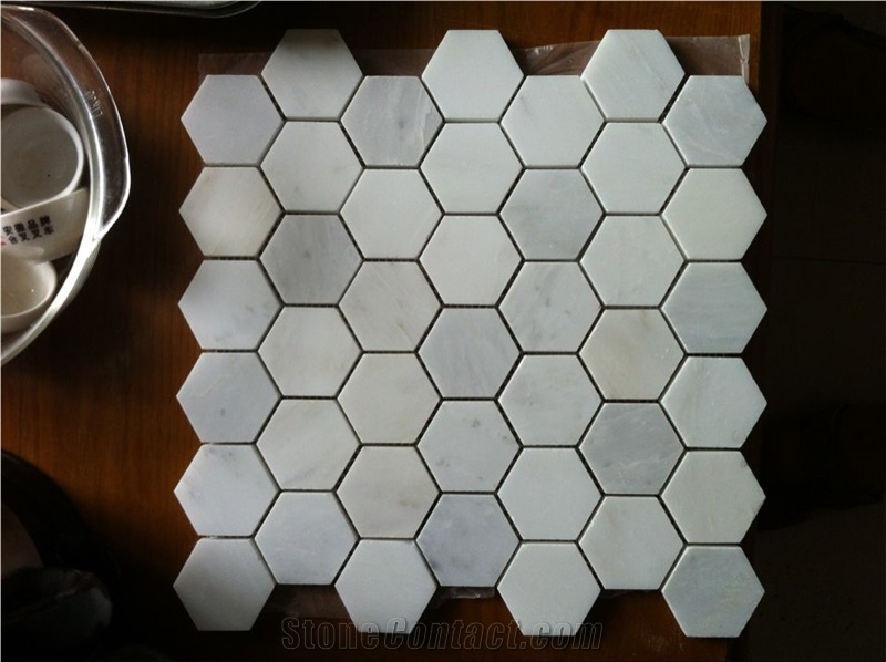 China Stone Mosaic Tile Oriental White East,Snow White,Orient White Marble,Baoxing White,Sichuan White Marble Polished 48mm Hexagon Marble Mosaic for Wall,Hotel Interior,Bathroom,Floor Decoration