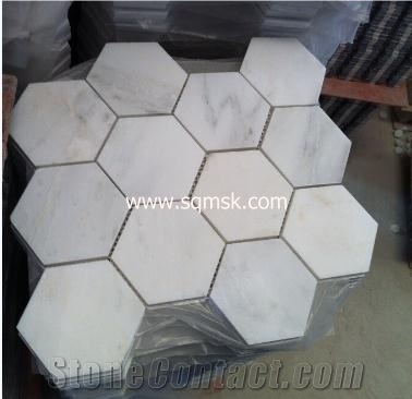 Chinese Stone Mosaic Tile East White,Snow White,Orient White Marble,Baoxing White,Sichuan White Marble Honed Big Hexagon 96mm Marble Mosaic for Wall,Floor,Bathroom,Interior
