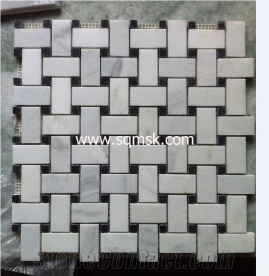 East White Stone Mosaic Tile,Snow White,Oriental White Marble,Baoxing White,Sichuan White Marble Honed 25*48 Basketweave with Black Dot Marble Mosaic for Bathroom,Wall,Background,Interior,Floor