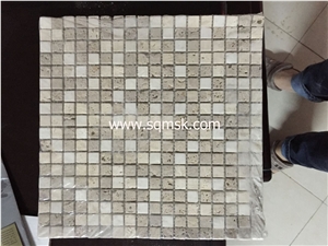 Light travertine,beige travertine mix noce travertine tumble 15*15mm marble mosaic for wall,floor,bathroom,interior,hotel decoration