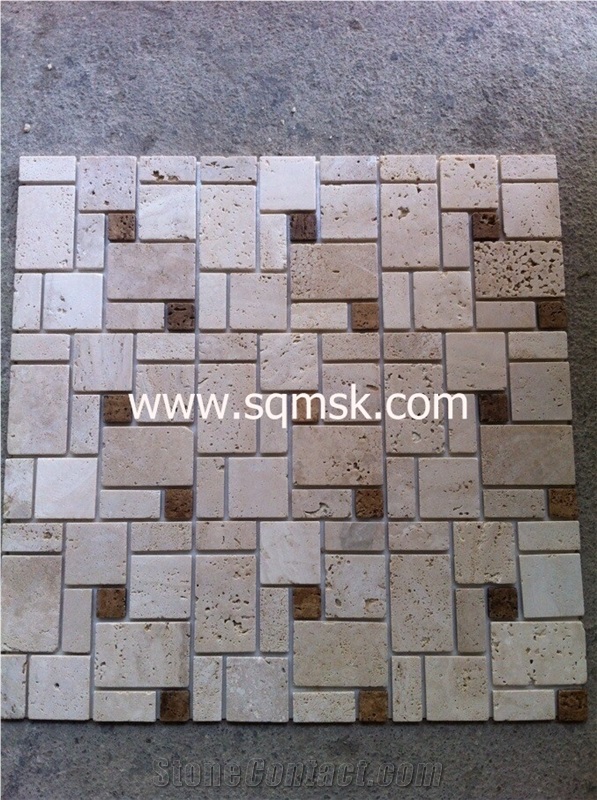Light Travertine stone mosaic tile Tumble 4mm Thick 32*48mm Mix Noce Travertine marble  Mosaic Pattern for Wall,Floor,Decoration,Interior,Bathroom,Hotel