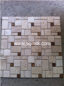 Light Travertine stone mosaic tile Tumble 4mm Thick 32*48mm Mix Noce Travertine marble  Mosaic Pattern for Wall,Floor,Decoration,Interior,Bathroom,Hotel
