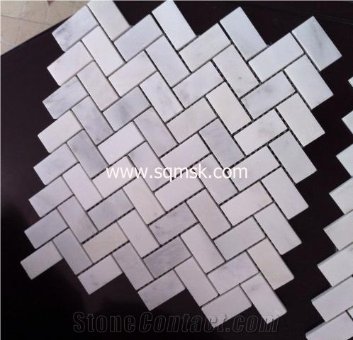 Oriental White Stone Mosaic Tile, Marble Mosaic ,East White,Orient White Marble,Baoxing White,Sichuan White Marble Honed 25*50mm Herringbone Marble Mosaic for Bathroom,Wall,Floor,Interior,Background