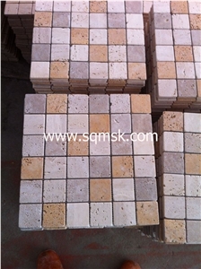 Turkey Stone Mosaic Travertine Mosaic Tile Light Travertine Mix Yellow Traverine and Noce Travertine Tumble 48*48mm Mosaic for Wall,Floor,Bathroom,Interior,Hotel,Restaurant