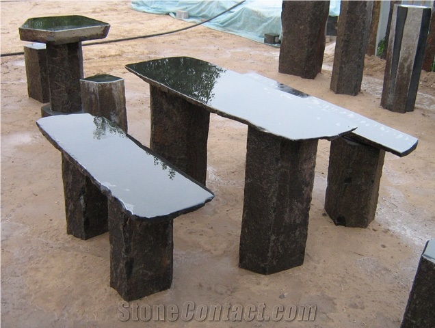 Black Basalt Garden Stone Bench , Table and Chairs