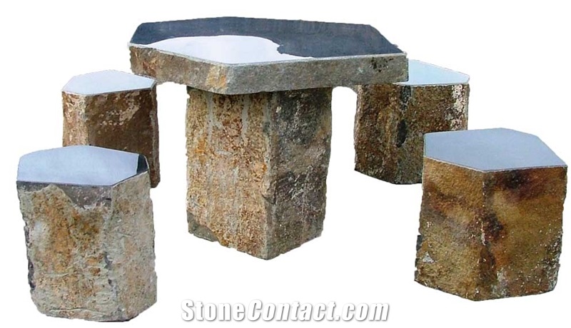 Mongolia Black Basalt Stone Bench and Chair in Garden and Landscaping