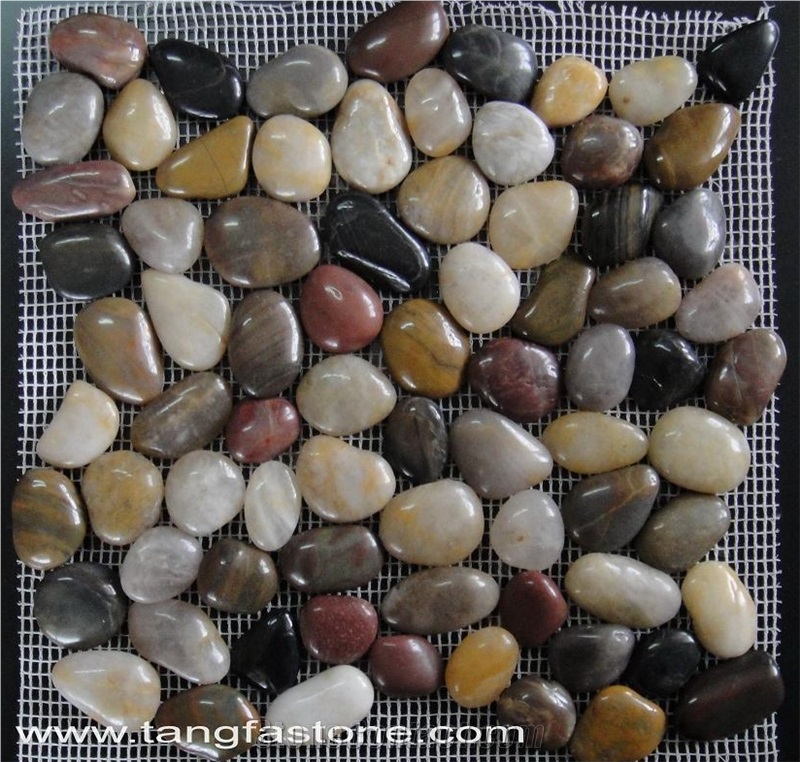 Natural River Stone Mosaic Tiles ,Polished Pebble Floor Tiles ,Pebble Mosaic in Mesh