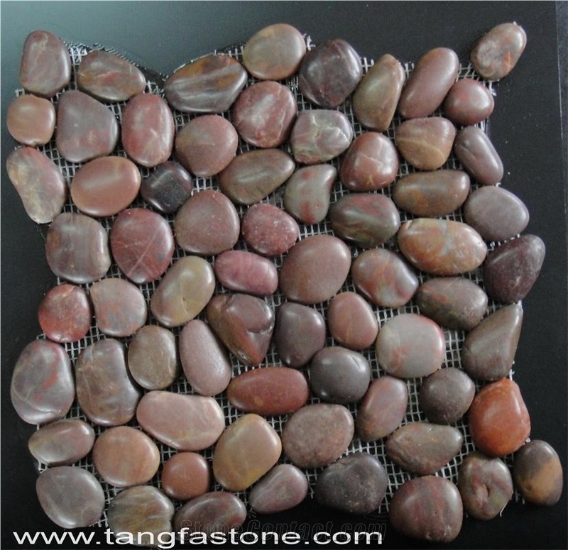 Natural River Stone Mosaic Tiles ,Polished Pebble Floor Tiles ,Pebble Mosaic in Mesh