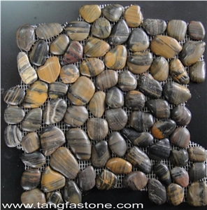 Natural River Stone Mosaic Tiles ,Polished Pebble Floor Tiles ,Pebble Mosaic in Mesh