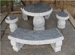Polished Stone Marble Bench and Tables in Garden