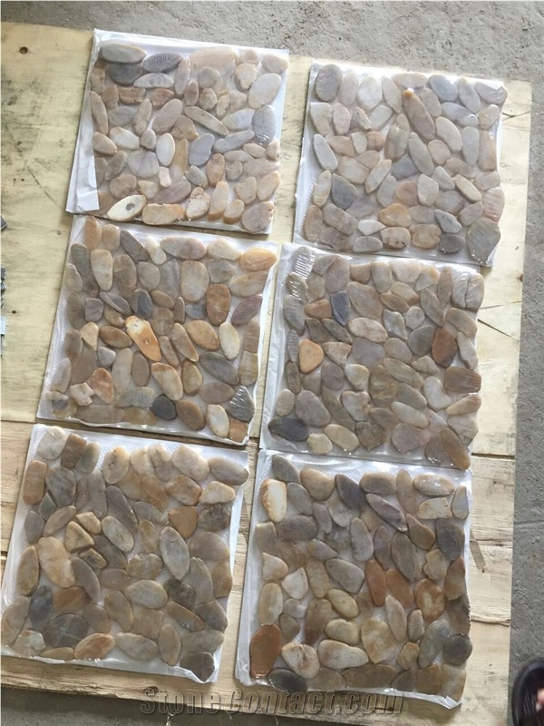 Sliced Flat River Stone Pebble Mosaic Tile,Polished Pebble on Mesh,Sliced Pebble Tile