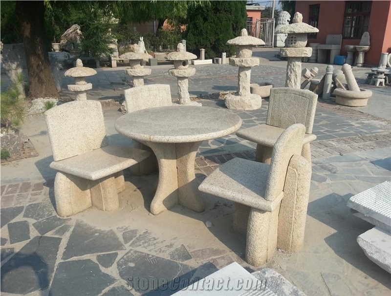 Yellow Granite Garden Stone Table and Bench for Landscaping , Outdoor Stone Bench and Chair in Garden for Decoraton