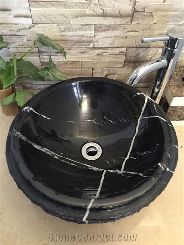 Black Marquina Marble Vessel Sink Bathroom Wash Basin Natural Stone Wash Bowl Factory Supply Roud Basin