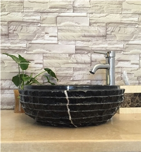 Black Marquina Marble Vessel Sink Bathroom Wash Basin Natural Stone Wash Bowl Factory Supply Roud Basin