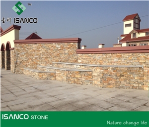 Natural Quartzite Wall Cladding Yellow Quartzite Split Face Culture Stone Loose Stone for Wall Covering Decoration Exposed Wall Stone Orange Color Brick Stacked Stone Wall Panels with Cement Backed