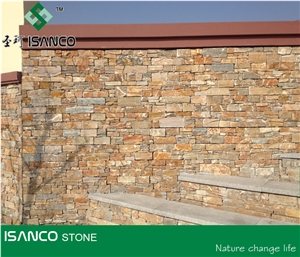 Natural Quartzite Wall Cladding Yellow Quartzite Split Face Culture Stone Loose Stone for Wall Covering Decoration Exposed Wall Stone Orange Color Brick Stacked Stone Wall Panels with Cement Backed