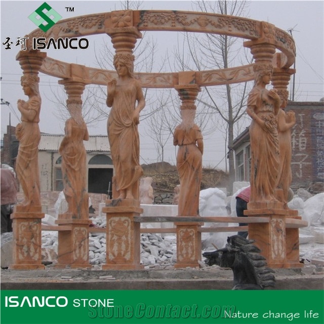 Polished Gold Plank Marble Gazebo,Own Factory Porches,High Quality Pavilions,Garden Gazebo with Iron Top,Western Style Gazebo, Brown Marble Carved Gazebo,Sculptured Garden Gazebo, Landscaping Stones