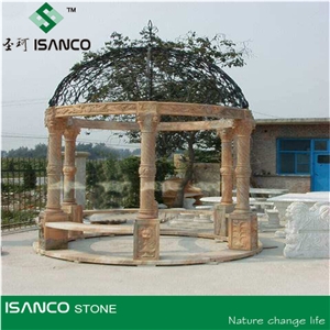 Polished Gold Plank Marble Gazebo,Own Factory Porches,High Quality Pavilions,Garden Gazebo with Iron Top,Western Style Gazebo, Brown Marble Carved Gazebo,Sculptured Garden Gazebo, Landscaping Stones