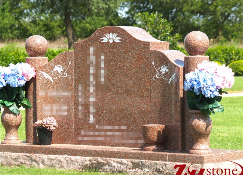 Asian Style Columns Tianshan Red Granite Tombstone Design/ Western Style Monuments/ Double Monuments/ Upright Monuments/ Headstones