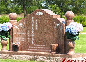 Asian Style Columns Tianshan Red Granite Tombstone Design/ Western Style Monuments/ Double Monuments/ Upright Monuments/ Headstones