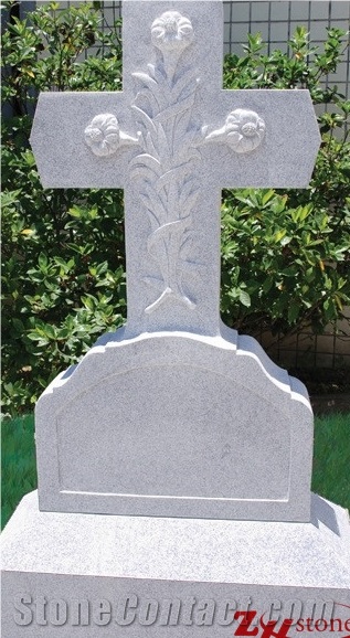 Good Quality Engraved Flowers Cross Upright Design Sesame White/ G603 Granite Tombstone Design/ Cross Tombstones/ Single Monuments/ Upright Monuments/ Engraved Headstones