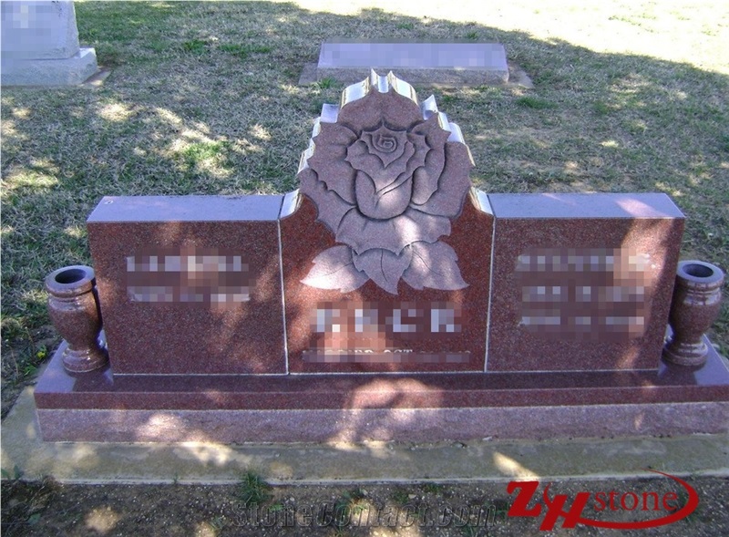 Good Quality Flower Engraving Flat Side Shoulders Indian Red/ Imperial Red Granite Upright Monuments/ Family Monuments/ Headstones/ Engraved Headstones/ Monument Design
