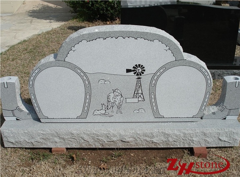 Good Quality Horseshoe Shaped with Side Vases G603/ Sesame White Granite Tombstone Design/ Western Style Tombstones/ Upright Monuments/ Family Monuments/ Headstones