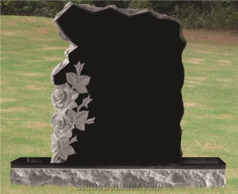 Good Quality Natural Edge with Flower Engraving Absolute Black/ Shanxi Black/ China Black Granite Single Monuments/ Upright Monuments/ Engraved Tombstones/ Headstones/ Engraved Headstones