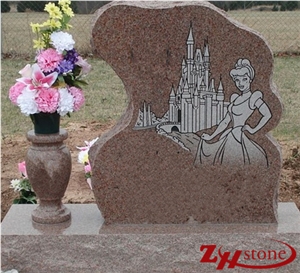 Good Quality Own Factory Child Usage Castle and Princess Engraving Tianshan Red Granite Tombstone Design/ Single Monuments/ Upright Monuments/ Engraved Headstones/ Engraved Tombstones/ Headstones