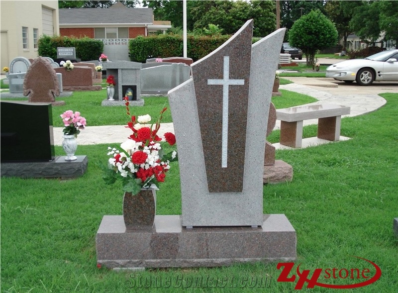 Good Quality Unique Design Curved Top with Cross Engraving Sunset Mahogany Granite Cross Tombstones/ Monument Design/ Western Style Monuments/ Cemetery Tombstones/ Gravestone