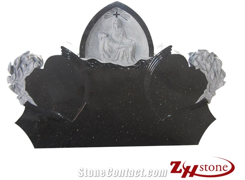 Gothic Top with Double Heart Crafting Shanxi Black/ Absolute Black/ China Black Granite Tombstone Design/ Western Style Monuments/ Double Monuments/ Upright Monuments/ Headstones