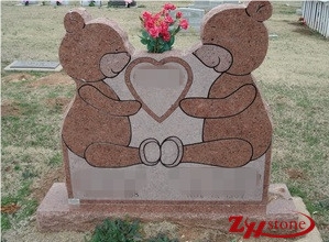 Own Factory Kid Usage Double Bears with Heart Sunset Red Granite Tombstone Design Western Style Tombstones/ Heart Tombstones/ Single Monuments/ Upright Monuments
