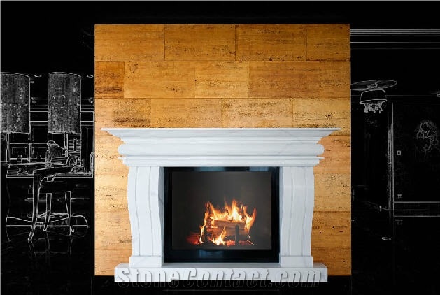 Bianco Limestone Fireplace Mantel, Golden Travertine Vein-Cut Tiles Wall Application