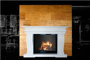 Bianco Limestone Fireplace Mantel, Golden Travertine Vein-Cut Tiles Wall Application