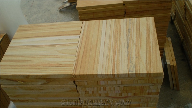 China Yellow Wooden Vein Sandstone Tiles for Wall Cladding & Floor Covering