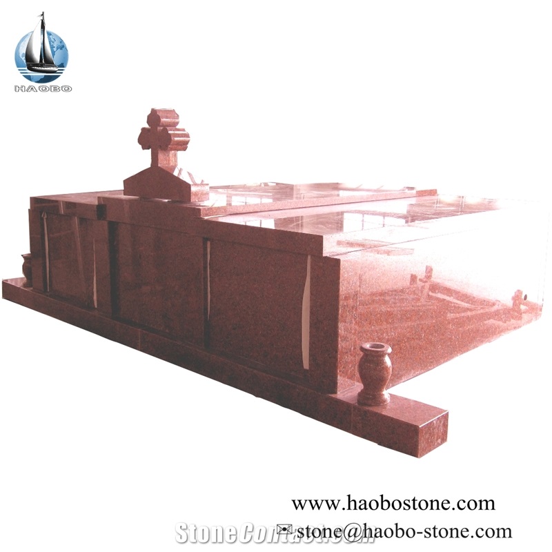 3 Crypts Red Granite Mausoleums with Cross