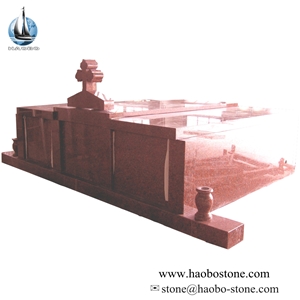 3 Crypts Red Granite Mausoleums with Cross