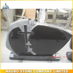 Black Granite Cross Shaped Carved Rose Headstone